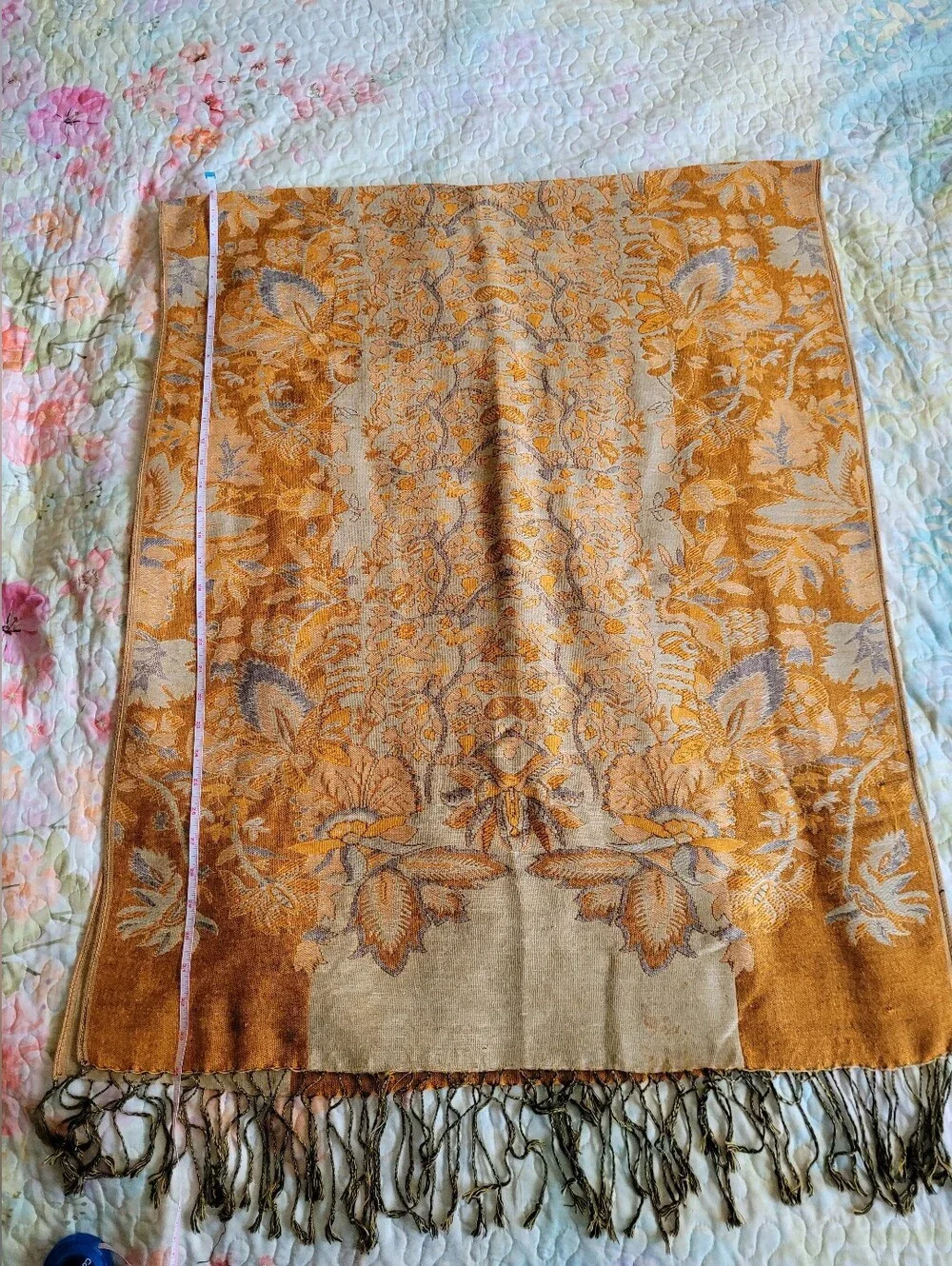 Reversible Ochre Floral Woven Shawl Scarf Fringe Wrap